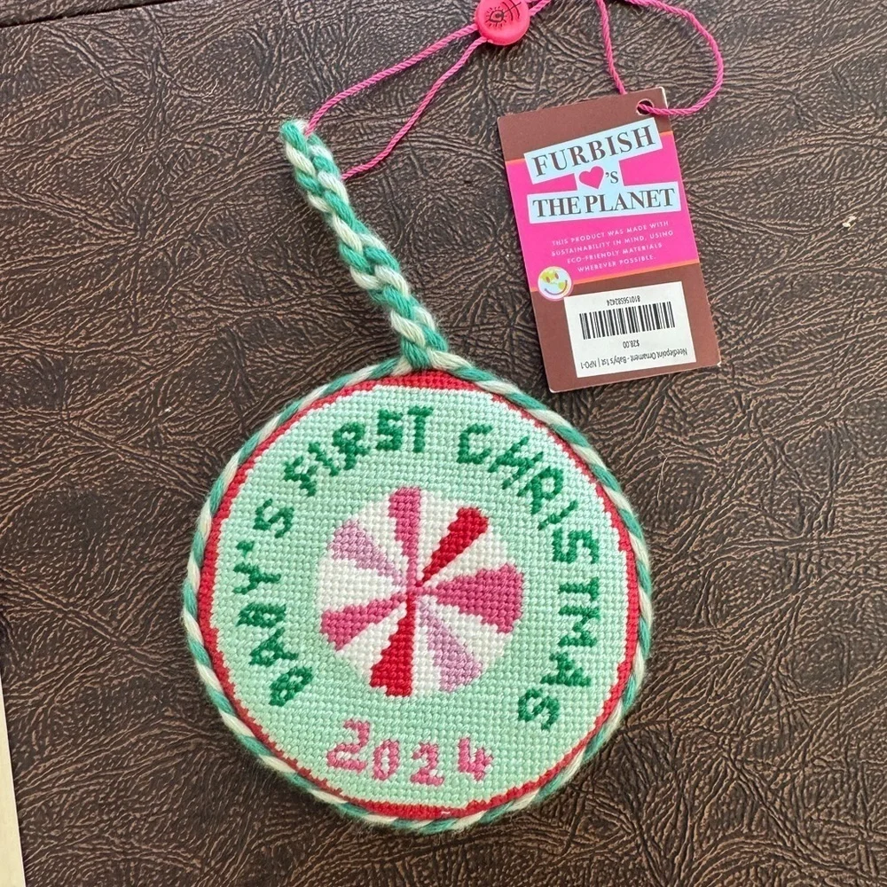 Needlepoint Christmas Ornament baby’s 1st first 2024 Furbish Studio velvet